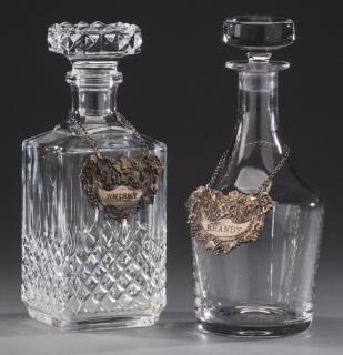 Appraisal: Glass decanters with silverplate decanter tags Two glass decanters with