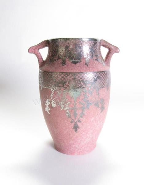 Appraisal: Weller Silver Overlay Handled Vase unique pink craquelure vase silver