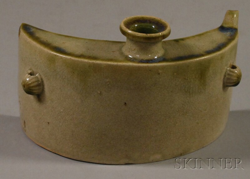 Appraisal: Japanese Pottery Vessel or Canteen crescent-shaped vessel with applied devices