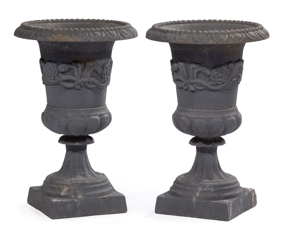 Appraisal: Pair of American Cast Iron Campagna-Form Garden Urns square plinth