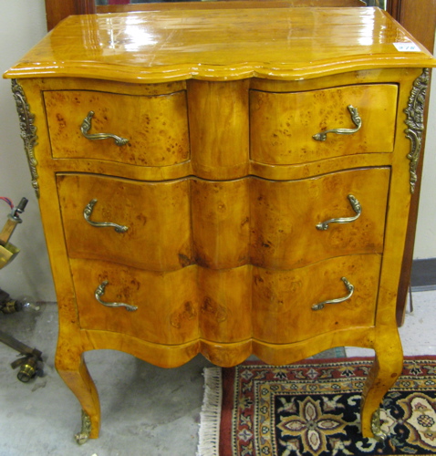 Appraisal: LOUIS XV STYLE PETITE COMMODE a three-drawer design of burl