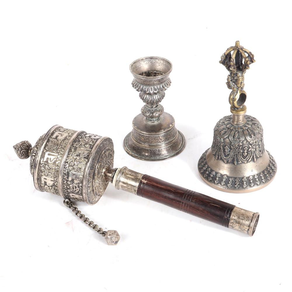 Appraisal: CHINESE TIBETAN HIMALAYAN NEPALESE CEREMONIAL SILVER ITEMS BUDDHIST PRAYER WHEEL