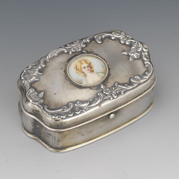 Appraisal: STERLING TRINKET BOX WITH MINIATURE PORTRAIT H x W x