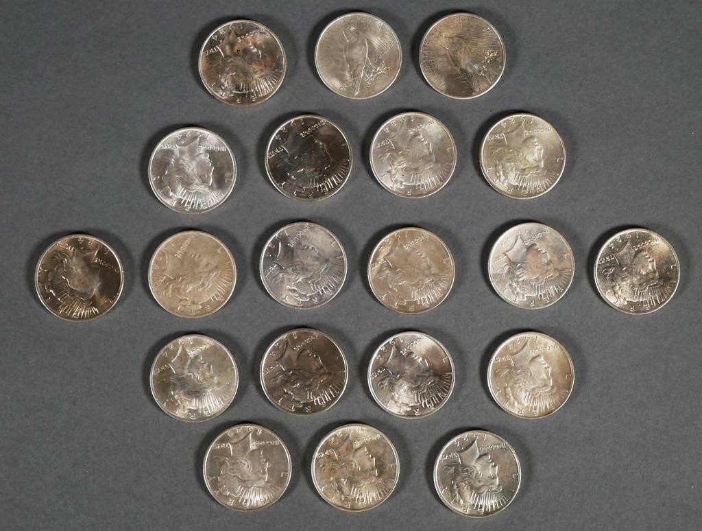 Appraisal: Twenty US Peace Silver Dollars No mintmarks XF or better