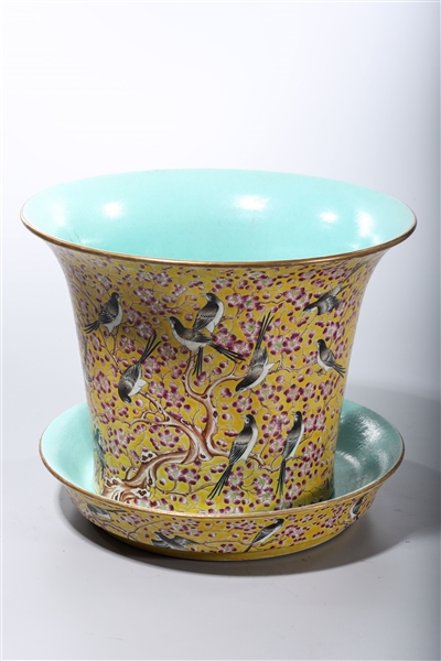 Appraisal: Chinese enameled porcelain yellow ground planter with plum tree and