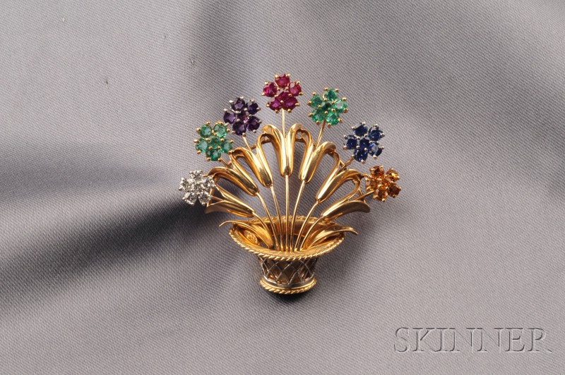 Appraisal: kt Gold Platinum and Gem-set Acrostic Flower Basket Brooch the