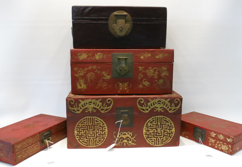 Appraisal: NINE LEATHER COVERED CHINESE BOXES five are trunk style with