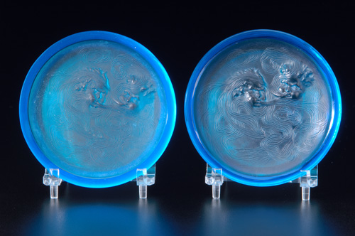 Appraisal: R LALIQUE Pair of ashtrays Deux Zephyrs electric blue c