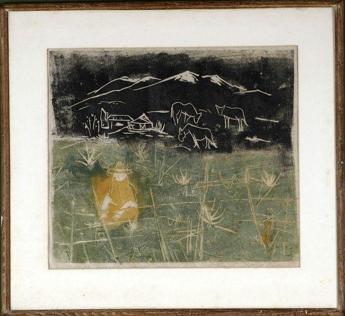 Appraisal: Fumi Kumatsu th C Farm Scene Woodblock print rippled with