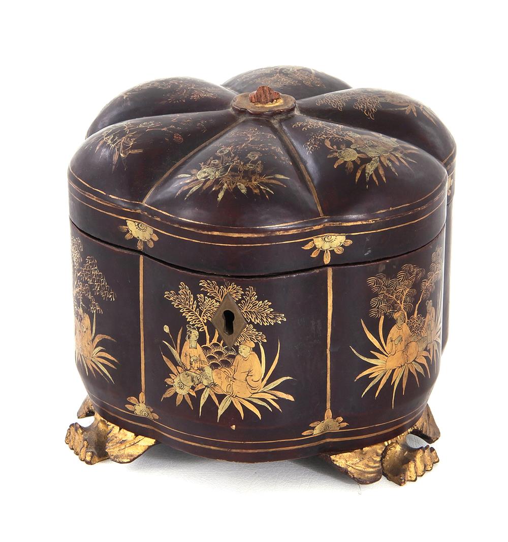 Appraisal: Chinese Export lacquered tea caddy circa hinged chrysanthemum-form case gilt-accented