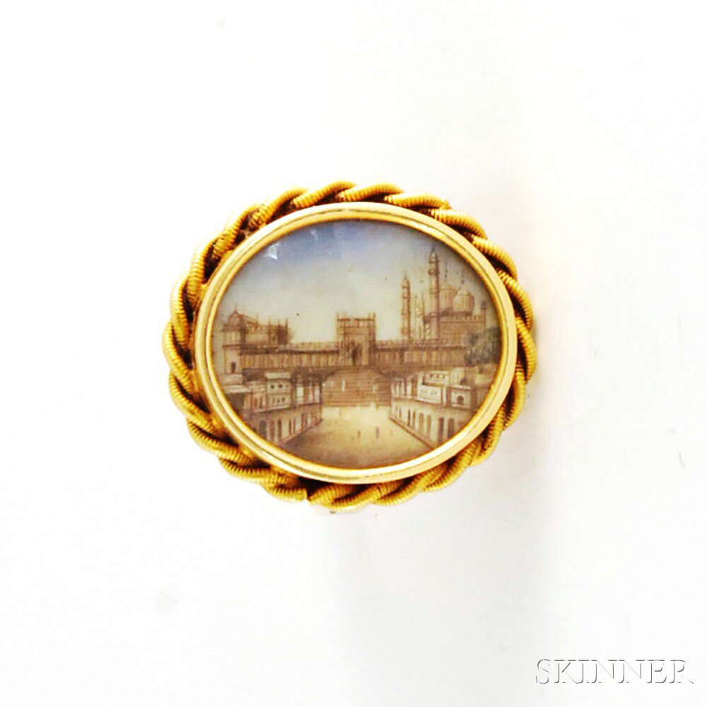 Appraisal: Painted Miniature-mounted Ring kt gold band the miniature depicting an