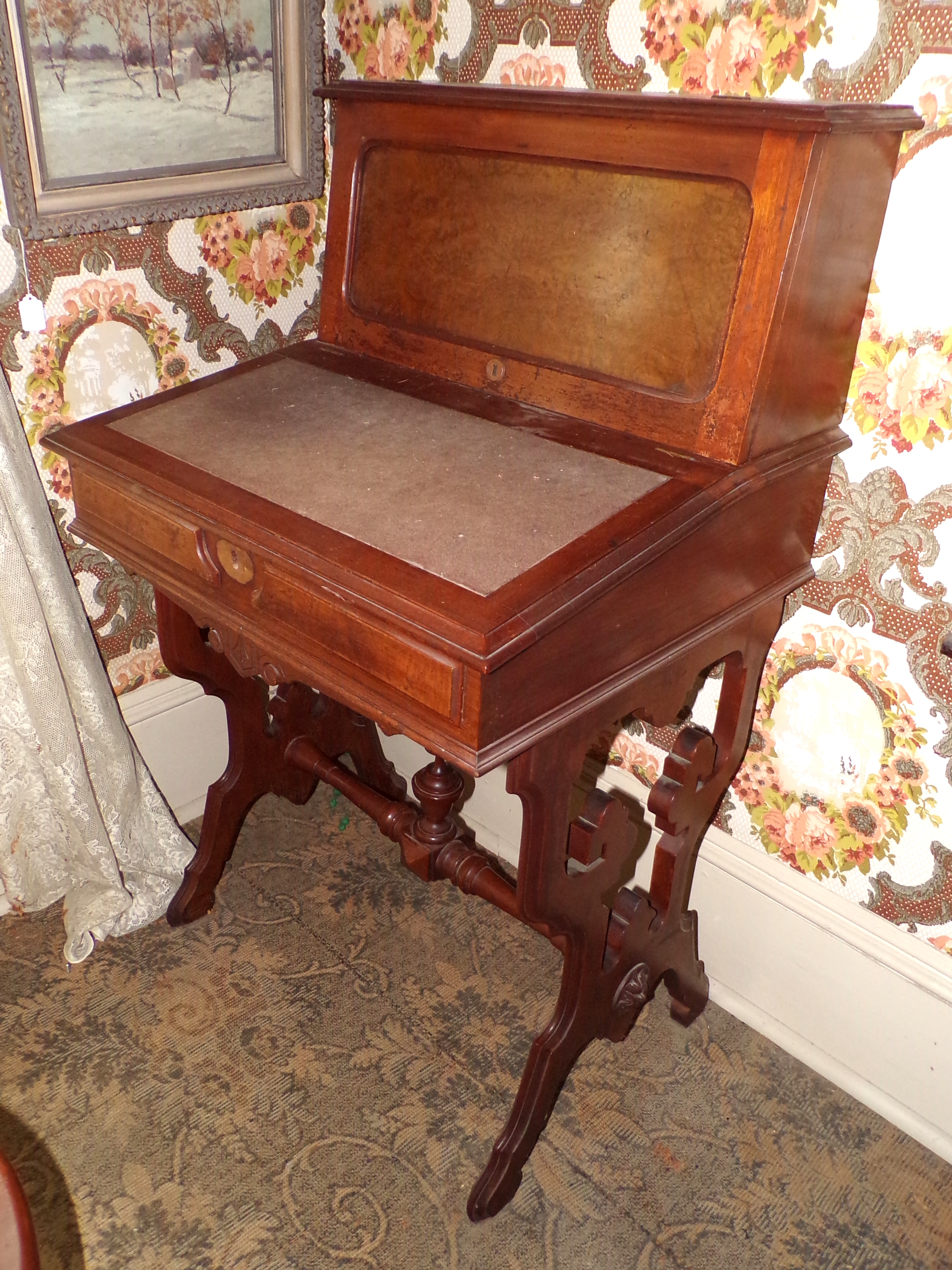 Appraisal: Ladies walnut and burled walnut writing desk lift-top slant lid