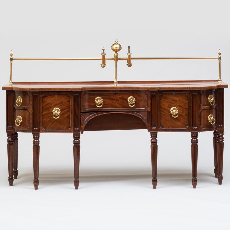 Appraisal: Large Regency Brass-Mounted Mahogany and Ebonized Sideboard With oil lamp