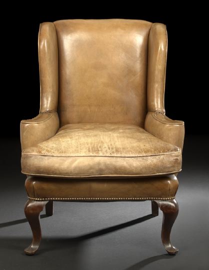 Appraisal: Queen Anne-Style Mahogany Wing Chair the padded rectangular back joined