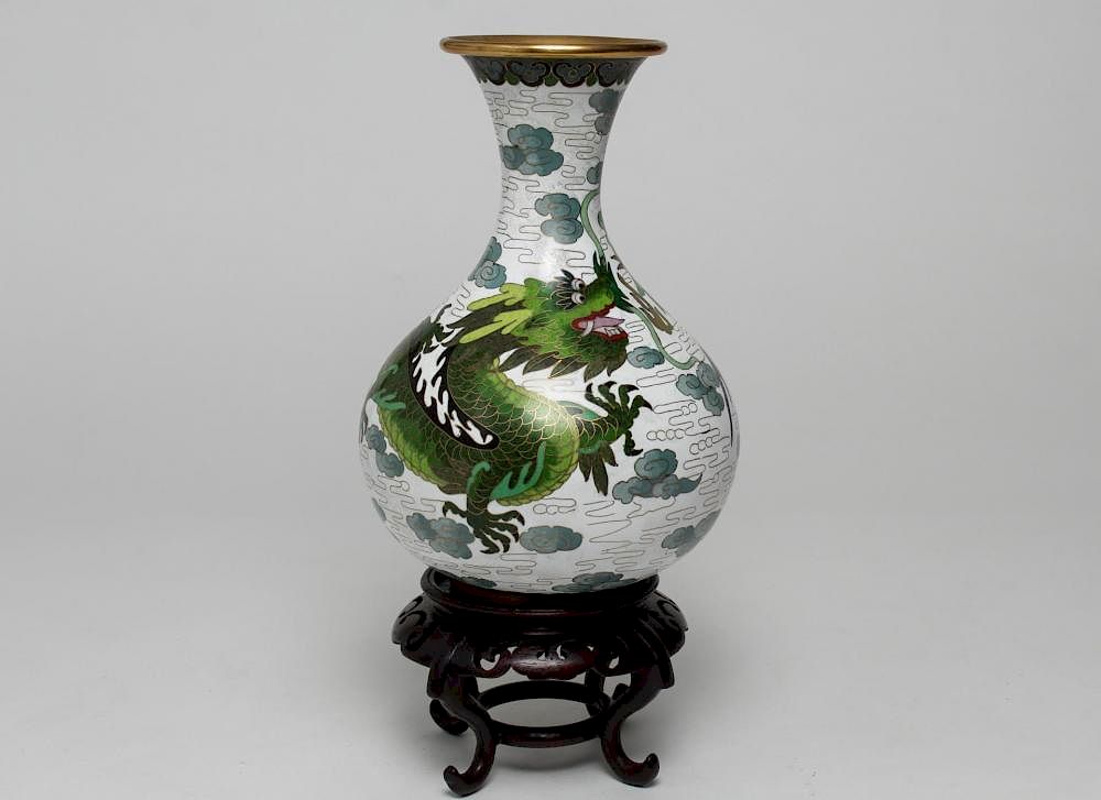 Appraisal: Chinese Dragon Phoenix Cloisonne Vase on Stand Chinese cloisonne vase