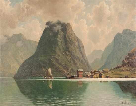 Appraisal: Svend Age Drews Danish - Mountainous Landscape with Lakeside Fishing