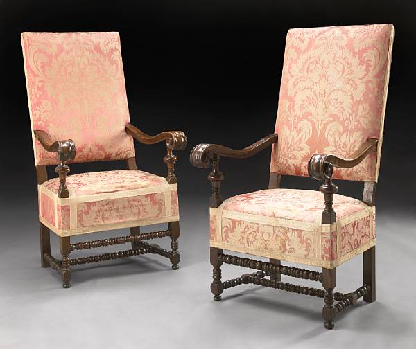 Appraisal: A pair of Flemish Baroque walnut armchairs second half th