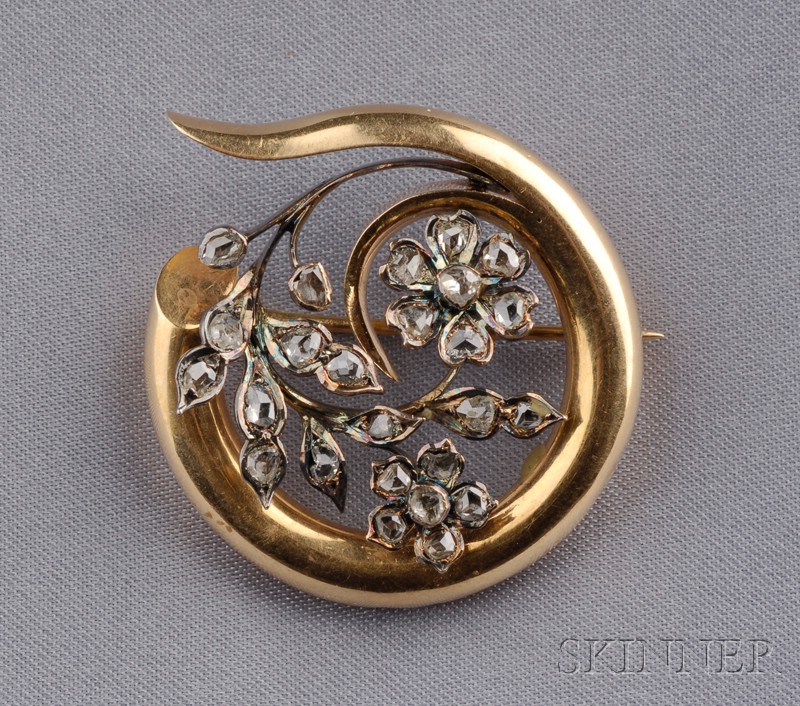 Appraisal: Antique kt Gold and Diamond Brooch the stylized branch centering