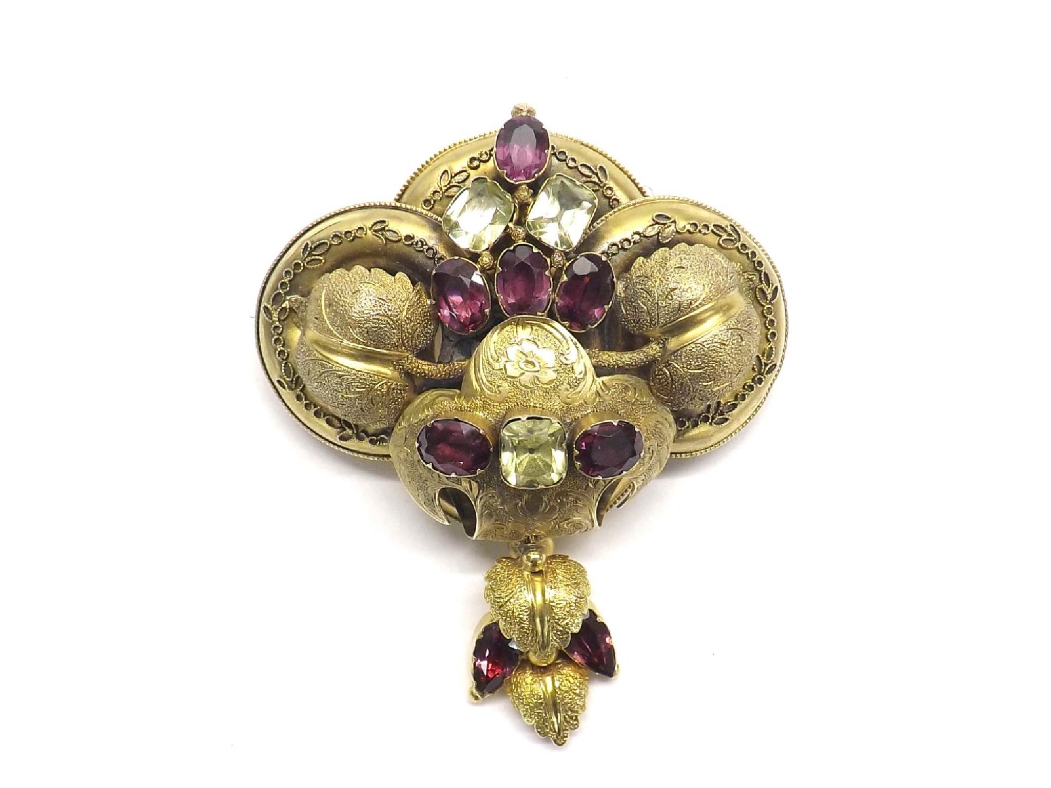 Appraisal: Continental yellow metal garnet and peridot brooch with leaf designs