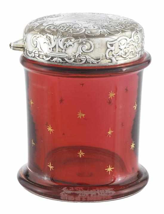 Appraisal: A TIFFANY CO SILVER MOUNTED RUBY GLASS JAR Tubular glass