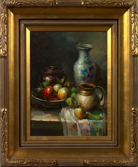 Appraisal: American School Contemporary Still Life with Fruit Water Pitcher and