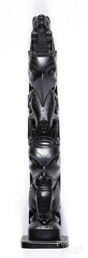 Appraisal: Haida carved argillite totem pole Haida carved argillite totem pole