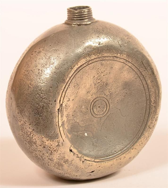 Appraisal: Unsigned Pewter Disk Form Flask th th Century Unsigned Pewter