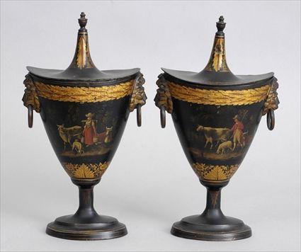 Appraisal: PAIR OF REGENCY TOLE PEINTE CHESTNUT URNS AND COVERS Each