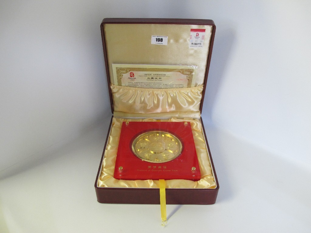 Appraisal: A cased ct gold plated medallion commemorating The Beijing Olympics