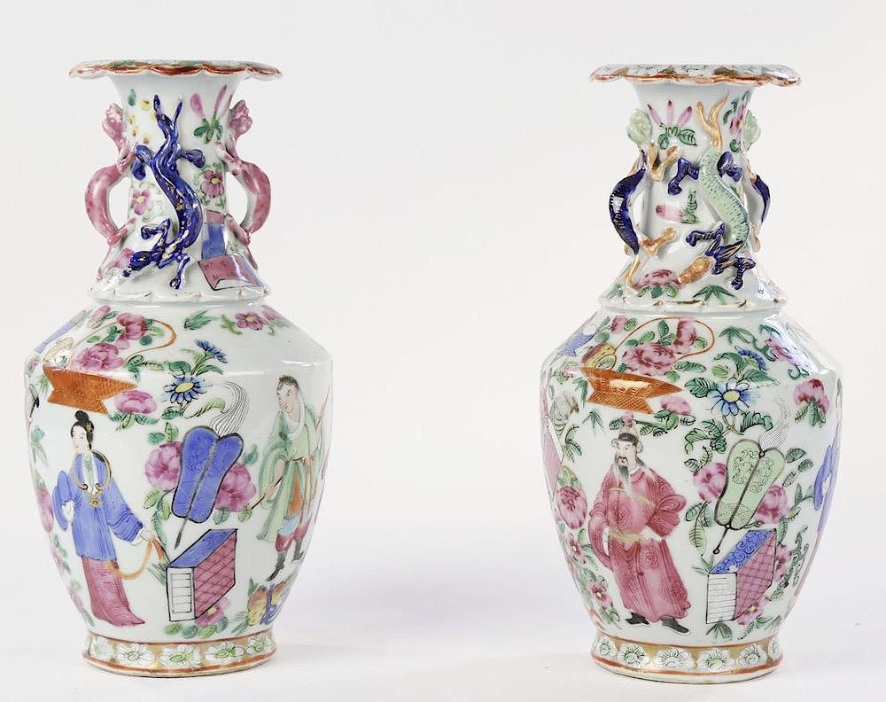 Appraisal: Pair of Chinese Export Polychrome Porcelain Vases ca Each shouldered