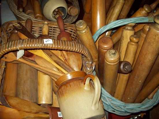 Appraisal: THREE BASKETS AND TWO BUCKETS CONTAINING WOODEN COOKING SPOONS WOODEN