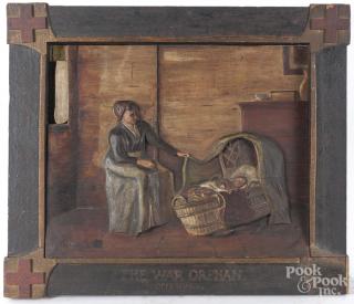 Appraisal: Carved and painted wood relief titled The War Orphan Offerman