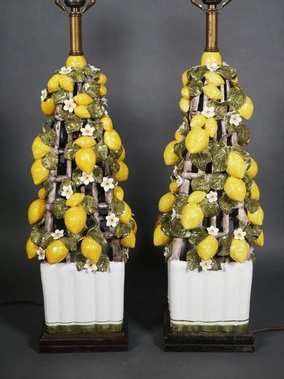 Appraisal: Pair of vintage Italian faience majolica fruit lamps showing lemons