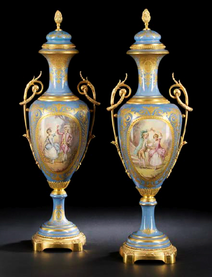 Appraisal: Tall Pair of French Gilt-Brass-Mounted Bleu du Ciel Porcelain Covered