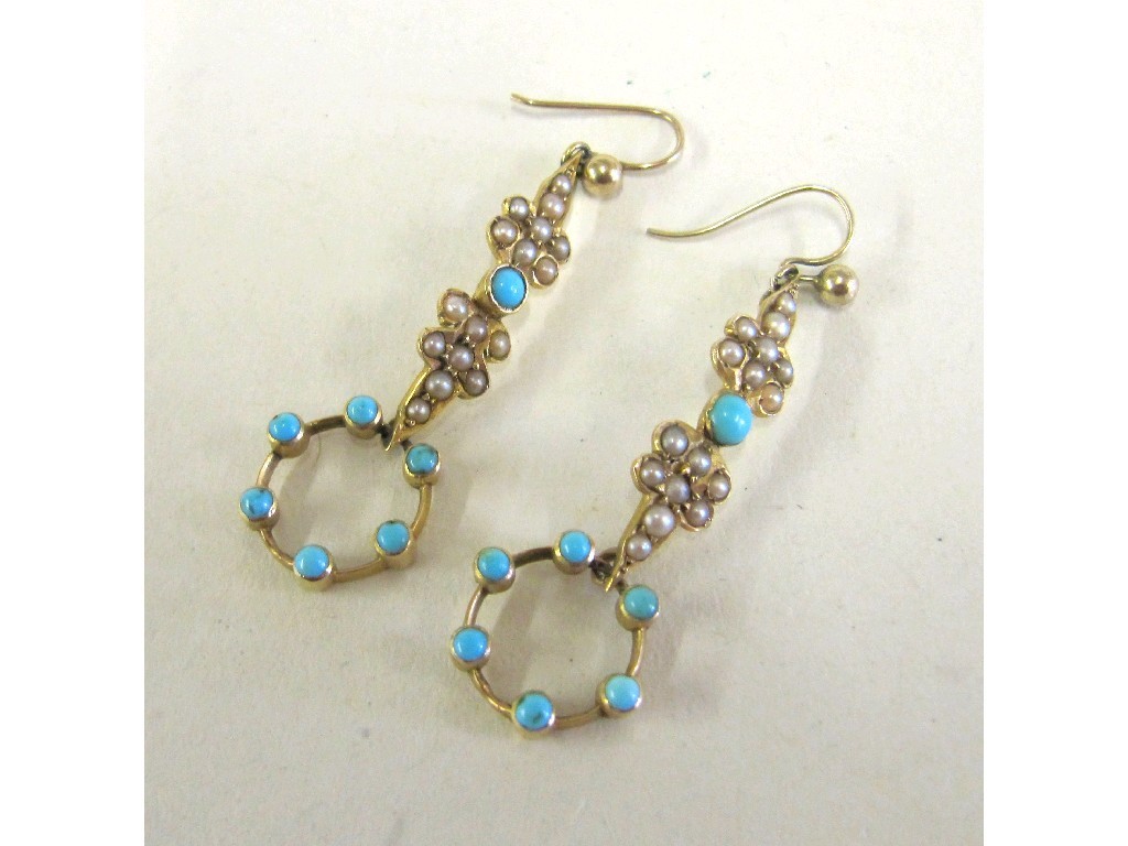 Appraisal: Edwardian gold turquoise and seed pearl set drop earrings