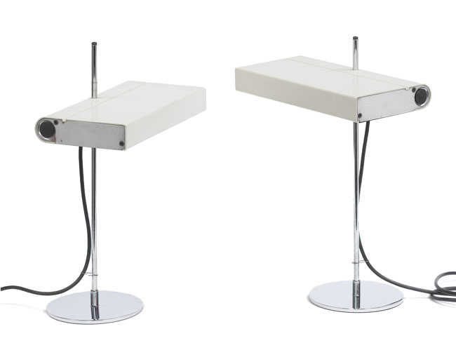 Appraisal: s table lamps pair white enameled metal shades over polished