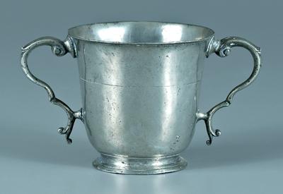 Appraisal: th century pewter sugar bowl inverted bell shape scrolled handles