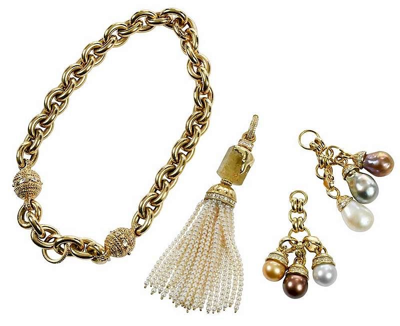 Appraisal: kt Gold Diamond and Pearl Necklace Set large link chain