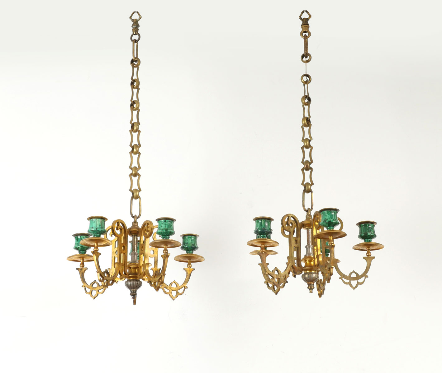 Appraisal: MALACHITE VENEERED BRONZE CHANDELIERS Hanging from alternating geometrical chains are