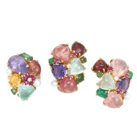 Appraisal: Pair of Cabochon Colored Stone Diamond and Cultured Pearl Earclips