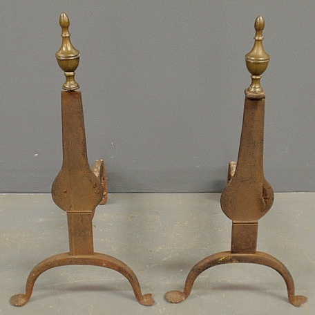 Appraisal: - Pair of wrought iron knife-bade andirons c with brass