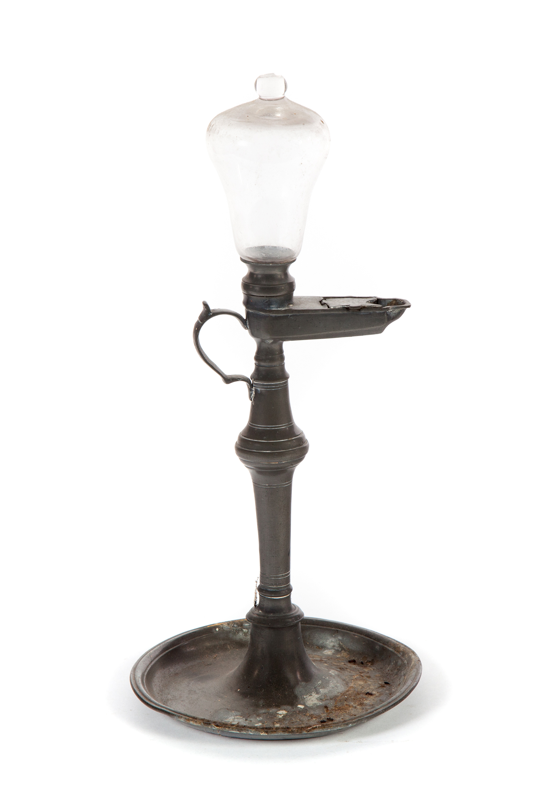 Appraisal: EUROPEAN PEWTER OIL LAMP Early th century Saucer base and