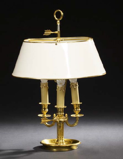 Appraisal: French Brass Steel and Pale Gris-de-Trianon Tole-Peinte Three-Light Bouillotte Lamp