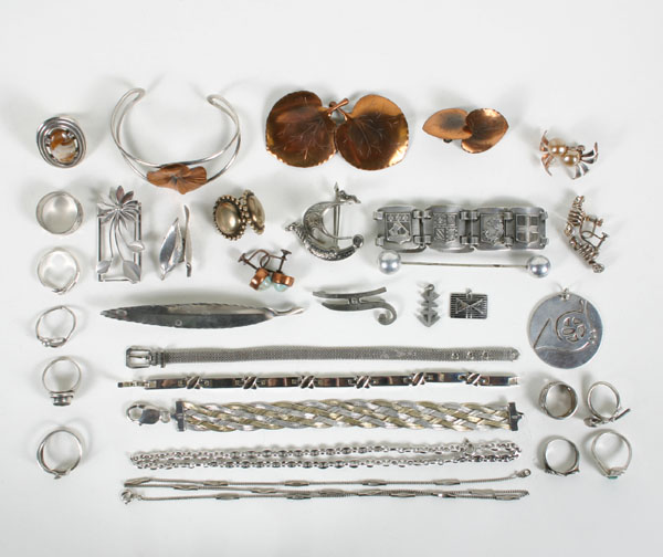 Appraisal: Vintage modern sterling silver and copper jewelry pc assortment including