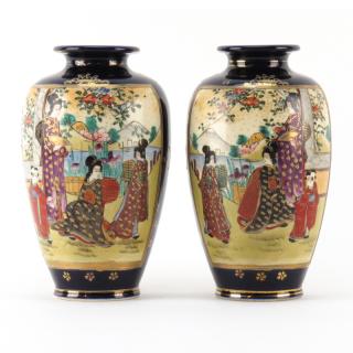 Appraisal: Pair of Antique Japanese Satsuma Cobalt Blue Hand Painted Portrait