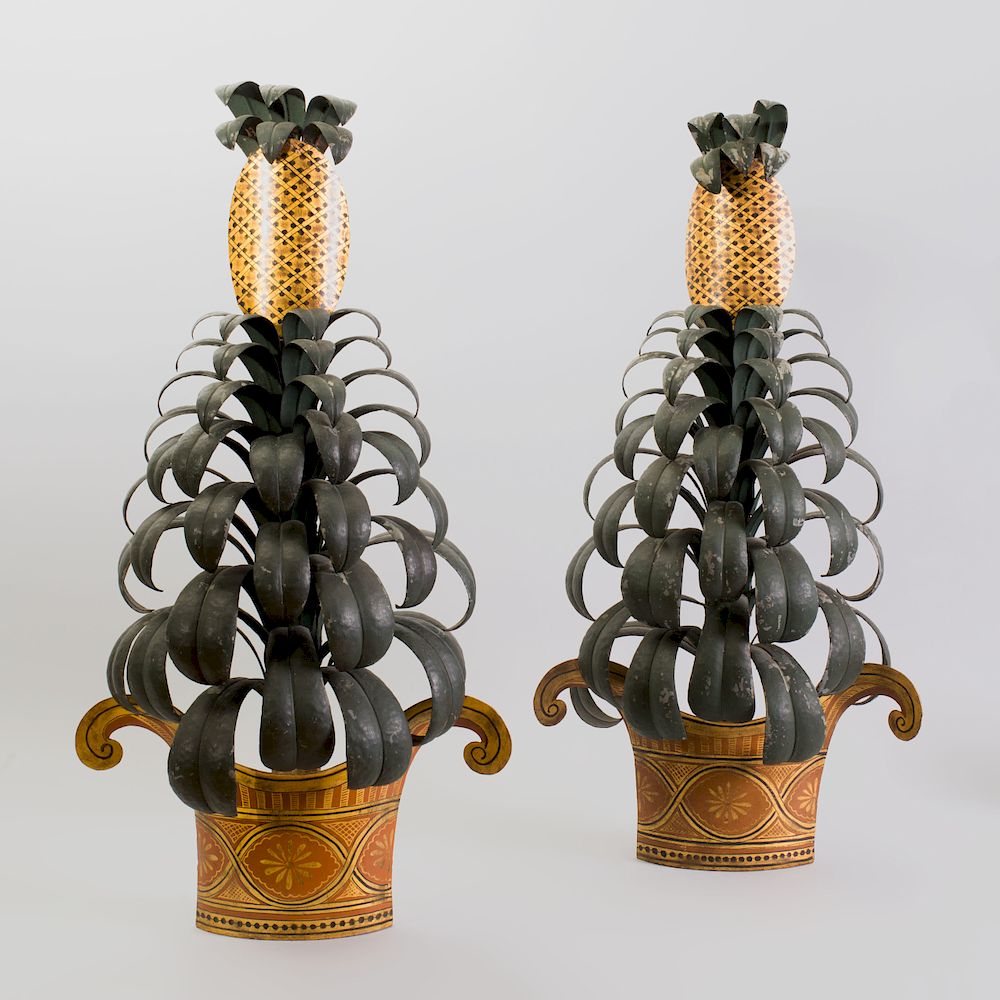 Appraisal: Pair of French T le Peinte Pineapple-Shaped Wall Lights With