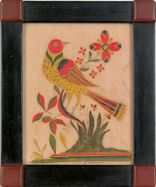 Appraisal: David Y Ellinger American - watercolor fraktur of a bird