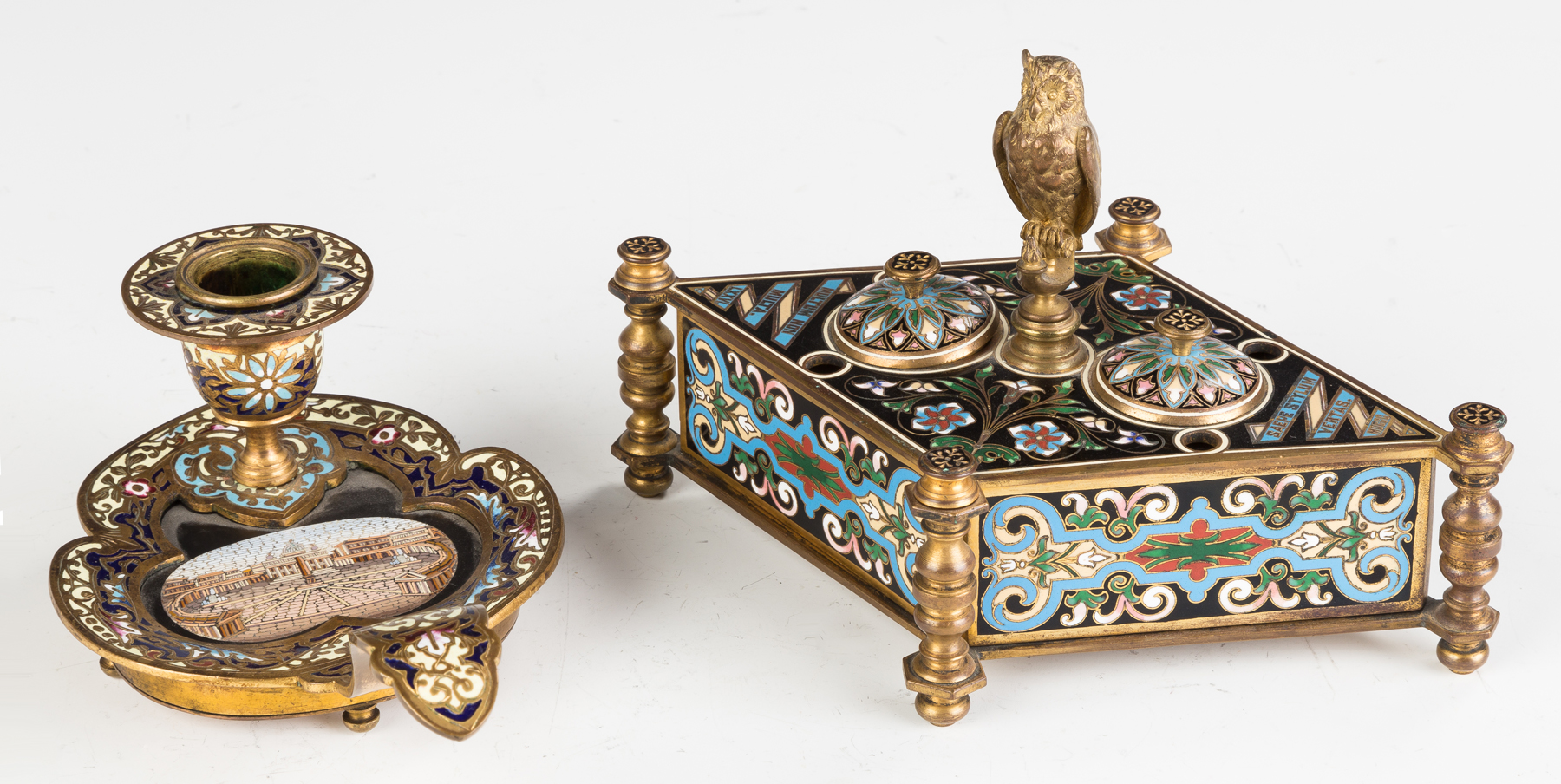 Appraisal: Champleve Inkstand with Owl Finial th century