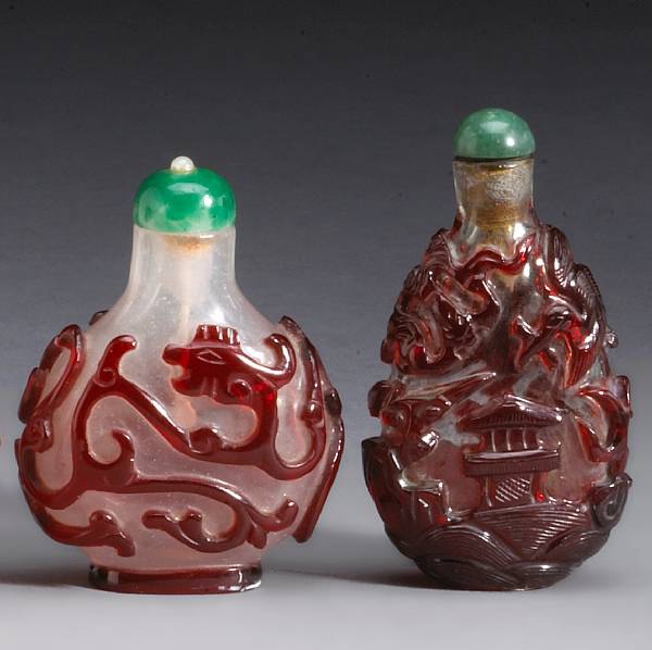 Appraisal: Two red overlay decorated Peking glass snuff bottles Late Qing