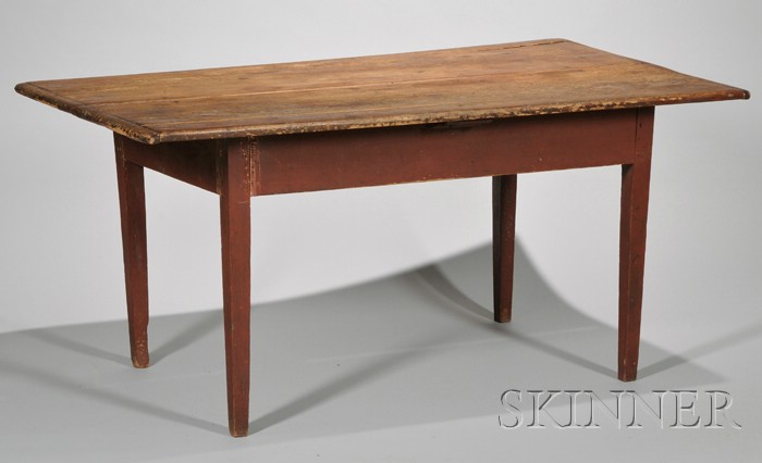 Appraisal: Red-painted Scrubbed Pine Breadboard-top Wooden Table two-board top and tapering